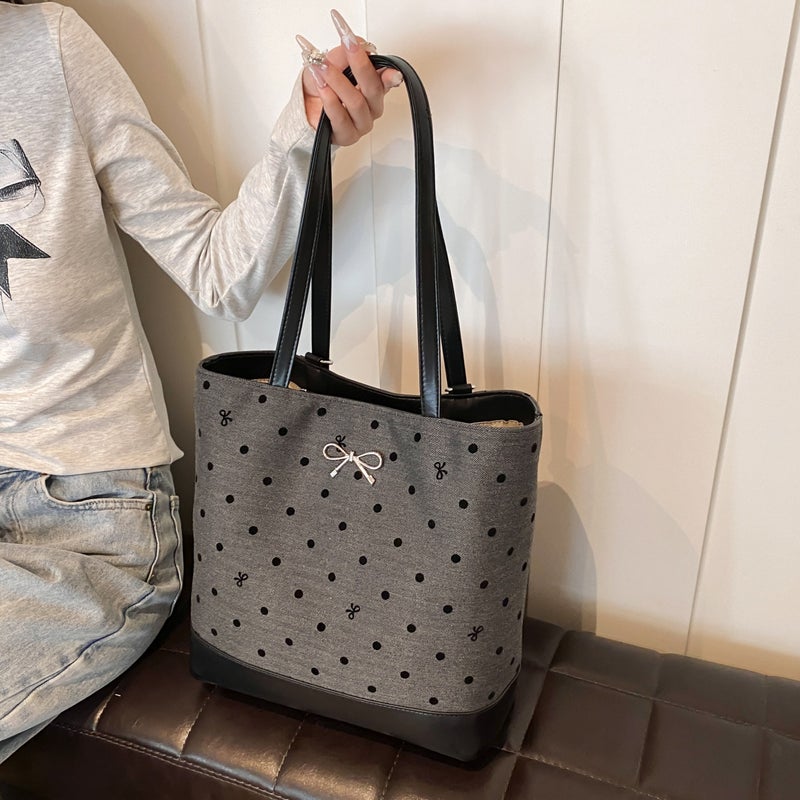 Polka Dot Bow Canvas Bag For Commuting To Class, Women'S Backpack, Single Shoulder, Multi-Purpose, Vertical Style Crossbody Bag - Image 1