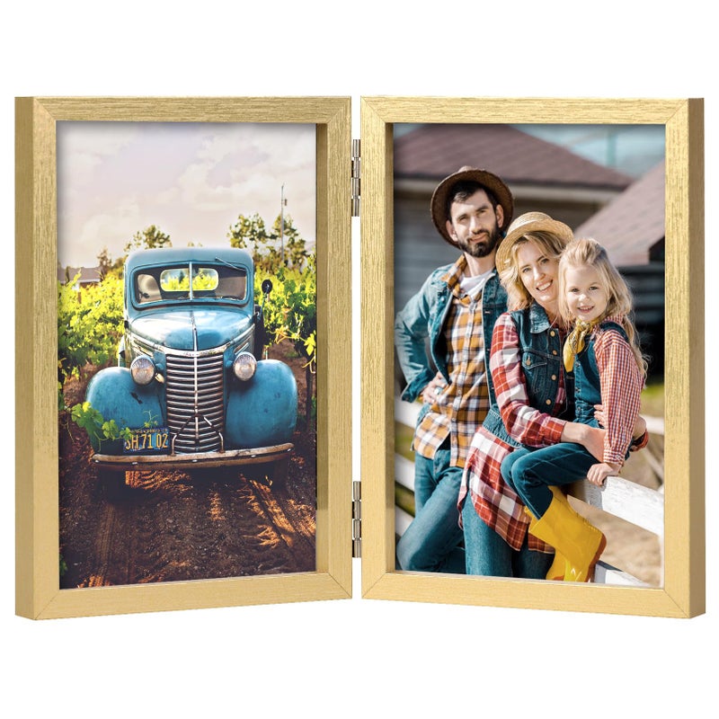 AEVETE 5x7 Picture Frames Double Hinged Wood Folding Photo Frames Vertical with Real Glass Front  Gold - Image 1