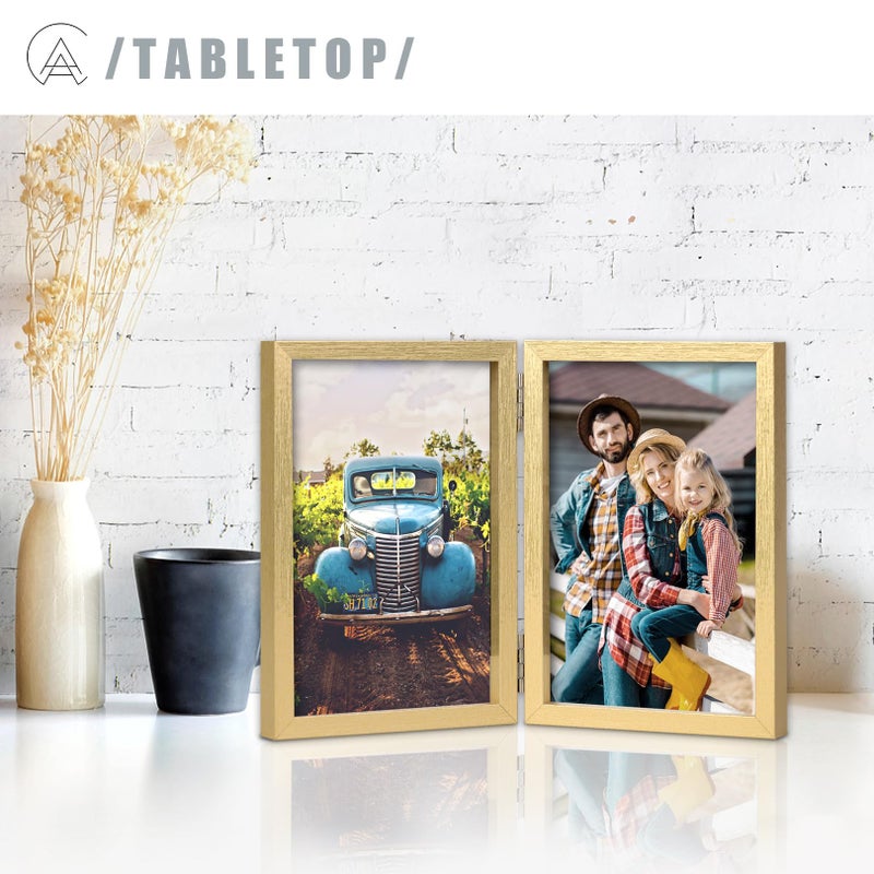 AEVETE 5x7 Picture Frames Double Hinged Wood Folding Photo Frames Vertical with Real Glass Front  Gold - Image 4