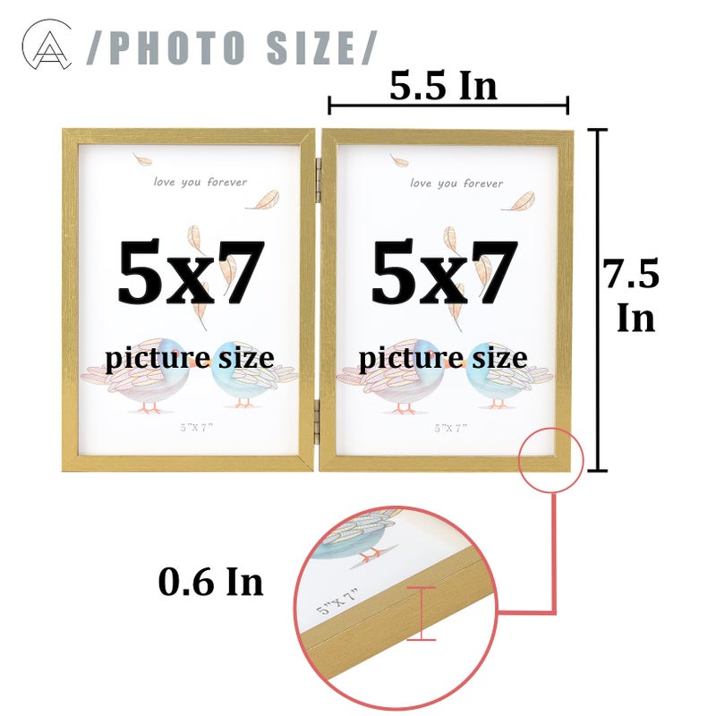 AEVETE 5x7 Picture Frames Double Hinged Wood Folding Photo Frames Vertical with Real Glass Front  Gold - Image 2