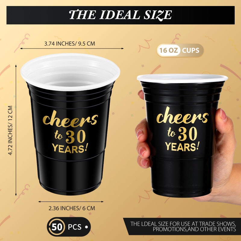 Suttmin 50 Pcs Cheers to 30 Years 16 oz Birthday Party Disposable Cups Black Gold Plastic Tumbler Cups for 30th Birthday Squad Tumblers for Wedding Anniversary Supplies Decorations - Image 1