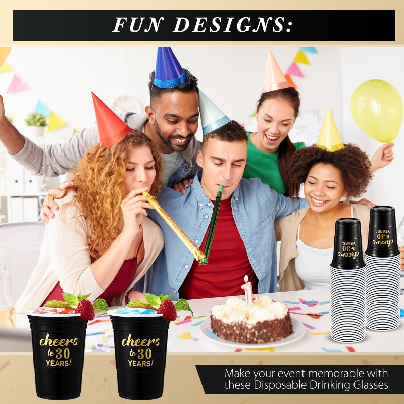Suttmin 50 Pcs Cheers to 30 Years 16 oz Birthday Party Disposable Cups Black Gold Plastic Tumbler Cups for 30th Birthday Squad Tumblers for Wedding Anniversary Supplies Decorations - Image 3