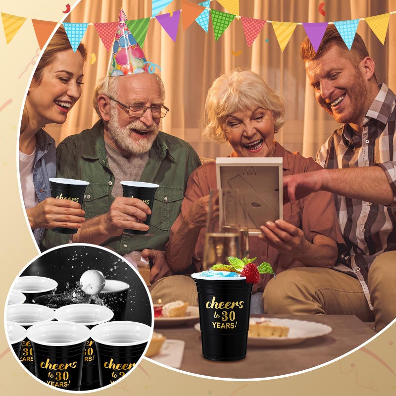 Suttmin 50 Pcs Cheers to 30 Years 16 oz Birthday Party Disposable Cups Black Gold Plastic Tumbler Cups for 30th Birthday Squad Tumblers for Wedding Anniversary Supplies Decorations - Image 4