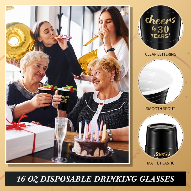 Suttmin 50 Pcs Cheers to 30 Years 16 oz Birthday Party Disposable Cups Black Gold Plastic Tumbler Cups for 30th Birthday Squad Tumblers for Wedding Anniversary Supplies Decorations - Image 2