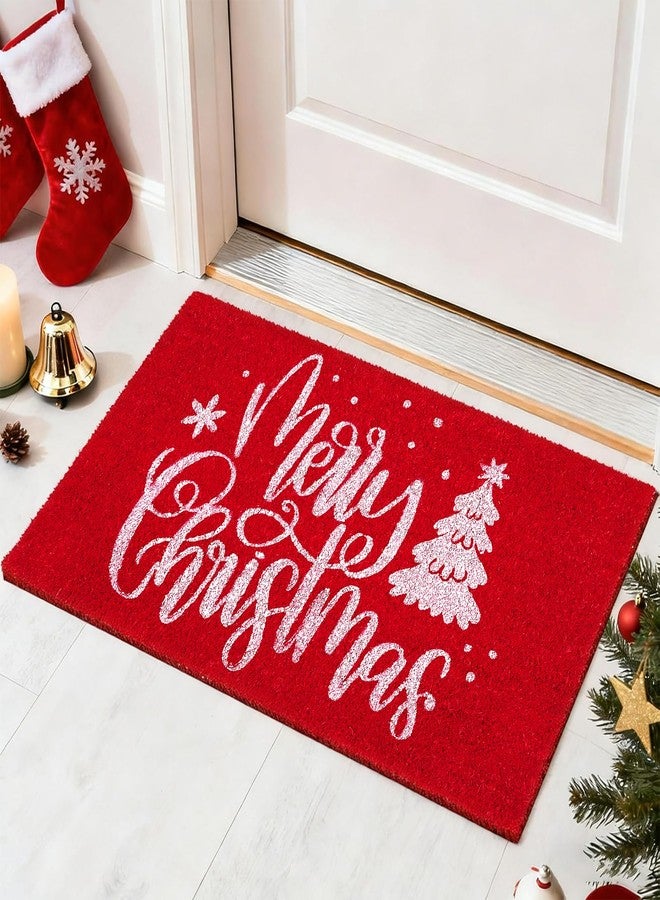 AnyDesign Merry Christmas Door Mats Natural Coir Doormat Red White Non-Slip Floor Mats Xmas Tree Printed Decorative Entrance Door Rugs for Christmas Indoor Outdoor Bathroom Decoration, 16.5 x 29 Inch - Image 1