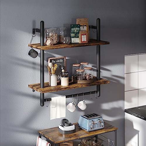Bestier 24" Floating Kitchen Shelves Wall Mounted 2 Tier Coffee bar Shelves with 8 Hooks, Industrial Wall Shelf for Kitchen, Living Room Bedroom, Rustic Brown - Image 4