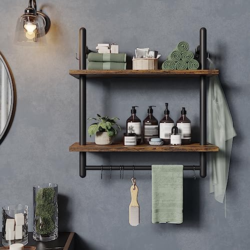 Bestier 24" Floating Kitchen Shelves Wall Mounted 2 Tier Coffee bar Shelves with 8 Hooks, Industrial Wall Shelf for Kitchen, Living Room Bedroom, Rustic Brown - Image 5
