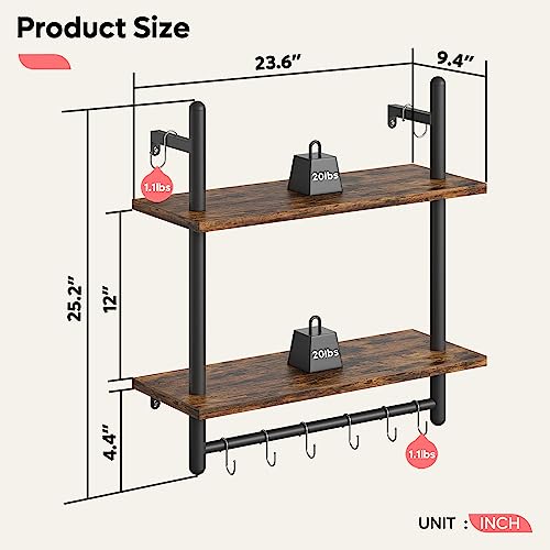 Bestier 24" Floating Kitchen Shelves Wall Mounted 2 Tier Coffee bar Shelves with 8 Hooks, Industrial Wall Shelf for Kitchen, Living Room Bedroom, Rustic Brown - Image 2