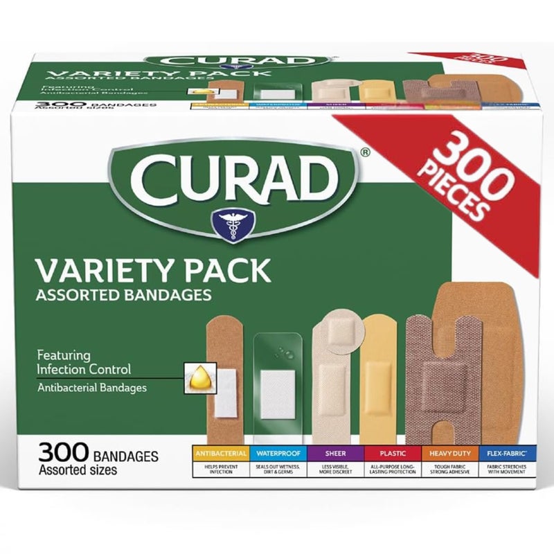 CURAD Assorted Bandages Variety Pack, 300 Count, 6 Styles Including Antibacterial, Waterproof, Sheer, Plastic, Heavy Duty & Flex-Fabric, Protects Scrapes, Cuts & Burns, Latex-Free - Image 1