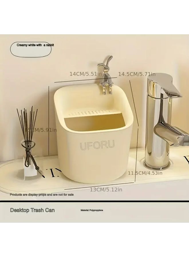 Compact Luxury Desktop Trash Can Mini Detachable Drain Bucket Cream White Plastic Waste Bin - Image 5