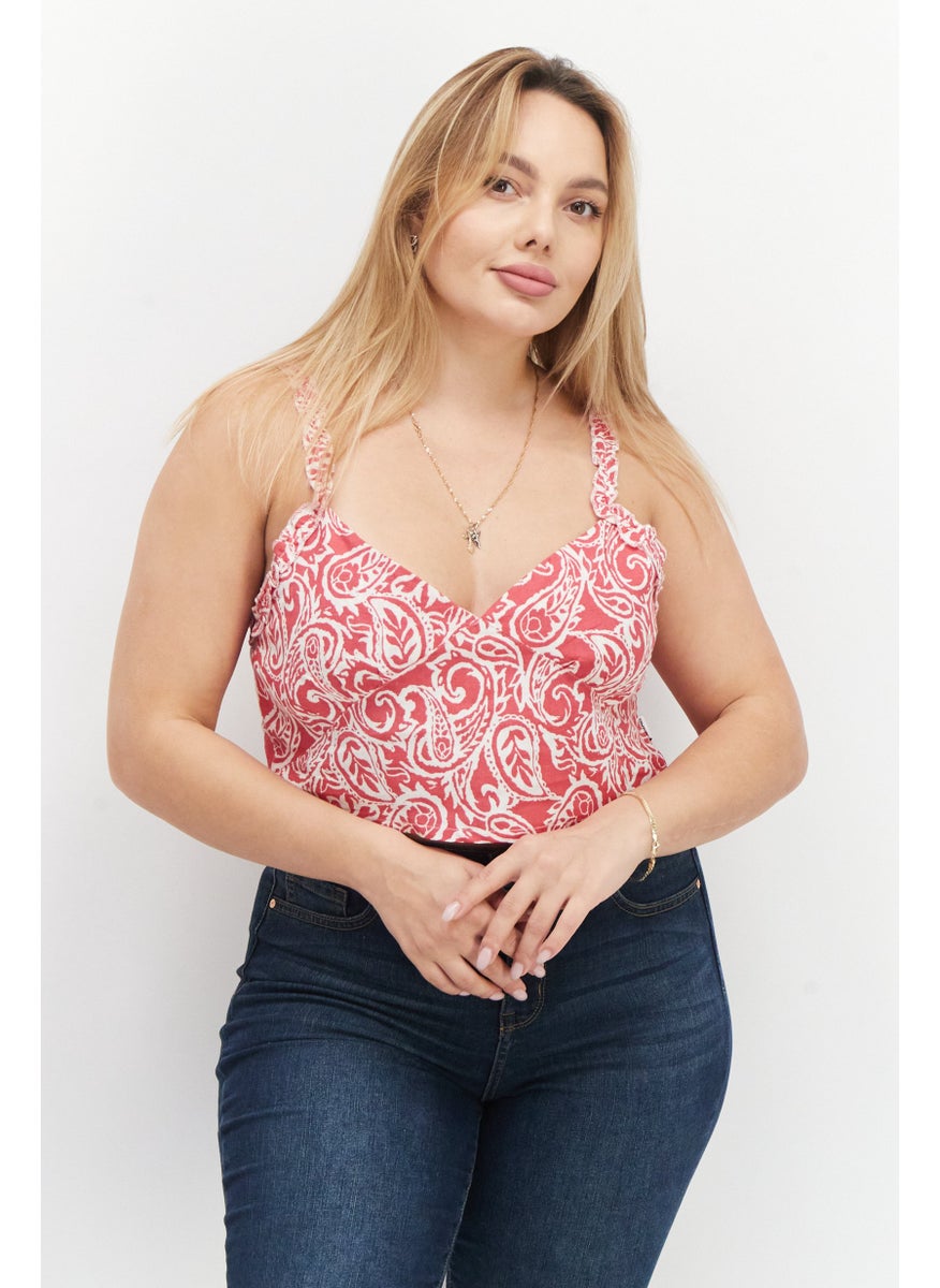 rvca Women Sweetheart Neck Sleeveless Paisley Tank Top, Red  - Image 1