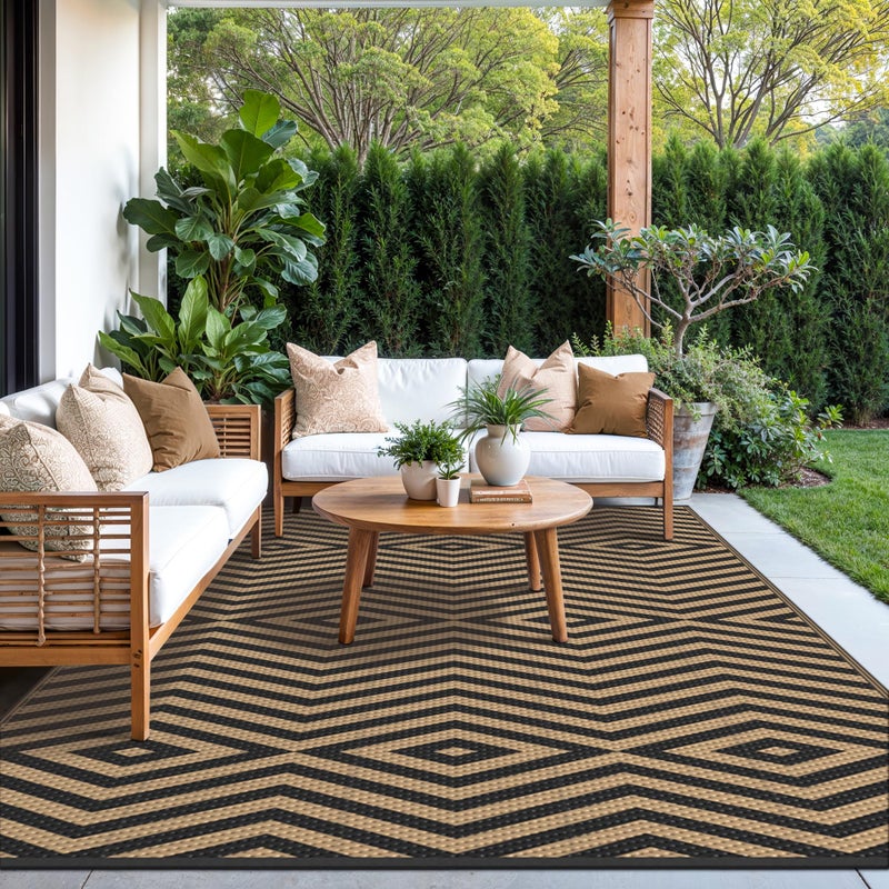GENIMO Outdoor Rug for Patio Clearance, 6'x9' Reversible Plastic Straw Rugs, Lightweight Waterproof Modern RV Camping Mat for Camper, Balcony, Deck, Backyard, Picnic, Black Brown - Image 3