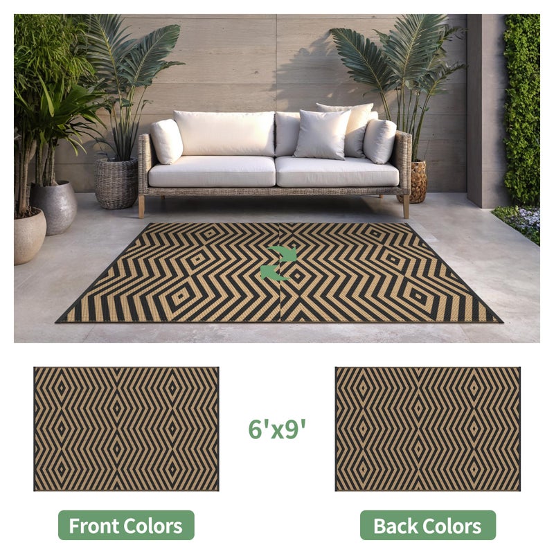 GENIMO Outdoor Rug for Patio Clearance, 6'x9' Reversible Plastic Straw Rugs, Lightweight Waterproof Modern RV Camping Mat for Camper, Balcony, Deck, Backyard, Picnic, Black Brown - Image 2