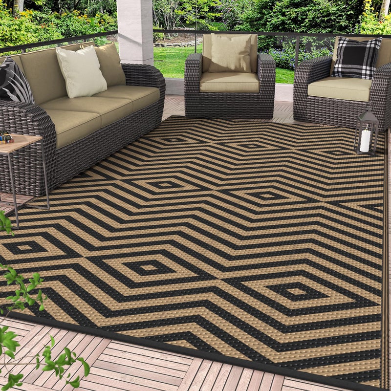 GENIMO Outdoor Rug for Patio Clearance, 6'x9' Reversible Plastic Straw Rugs, Lightweight Waterproof Modern RV Camping Mat for Camper, Balcony, Deck, Backyard, Picnic, Black Brown - Image 1