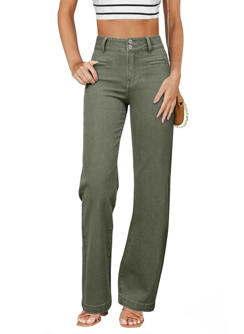 Sidefeel Jeans for Women High Waisted Stretchy Wide Leg Trendy Loose Straight Leg Zimbaplatinum Denim Pants Green Size 14 - Image 1