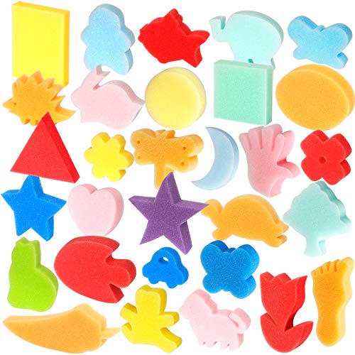 LEOBRO 30pcs Sponge Painting Shapes Painting Craft Sponge for Toddlers Assorted Pattern Early Learning