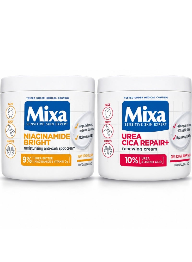 Mixa Complete Skin Hydration, Barrier Repair & Brightening Duo – Urea Cica Repair 10% + Niacinamide Bright 9%, Face, Body & Hands, 2 x 400ml - Image 1