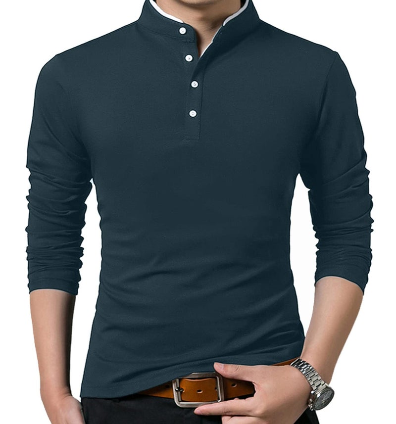 KUYIGO Men's Casual Slim Fit Shirts Long Sleeve Classic Fashion Polo Shirt Cotton Tops Indigo 2X-Large - Image 1