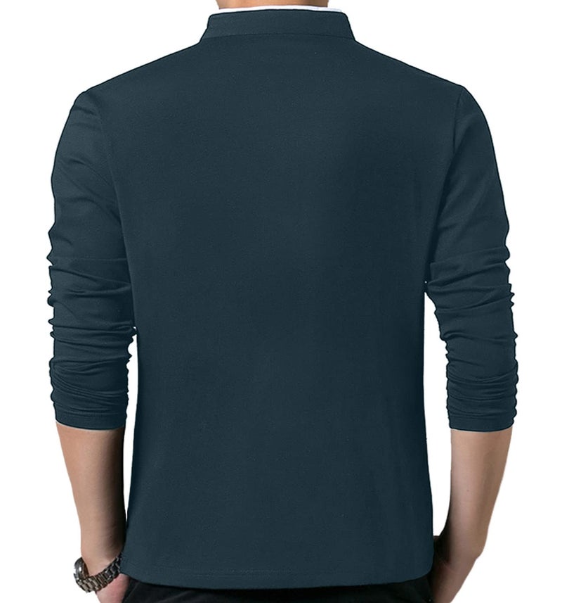 KUYIGO Men's Casual Slim Fit Shirts Long Sleeve Classic Fashion Polo Shirt Cotton Tops Indigo 2X-Large - Image 4