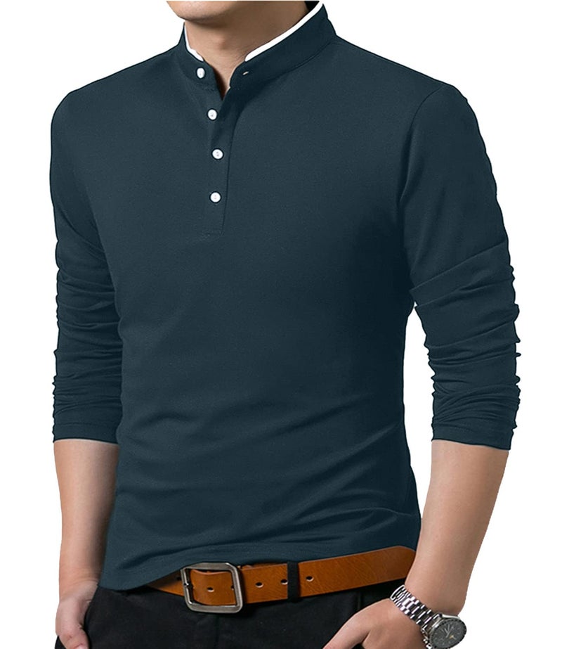 KUYIGO Men's Casual Slim Fit Shirts Long Sleeve Classic Fashion Polo Shirt Cotton Tops Indigo 2X-Large - Image 3