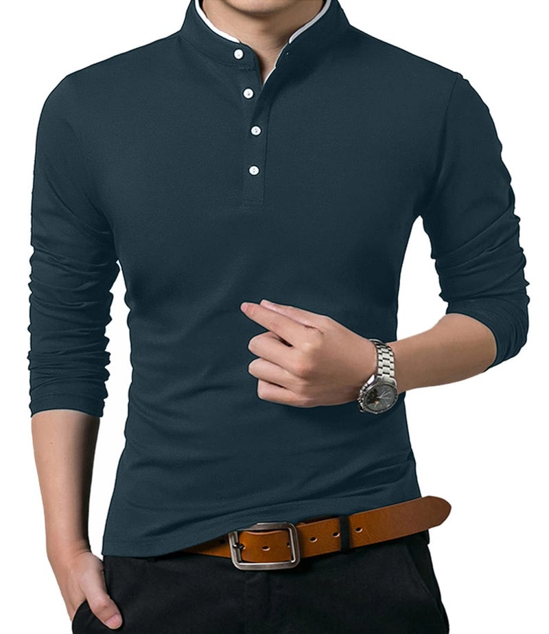 KUYIGO Men's Casual Slim Fit Shirts Long Sleeve Classic Fashion Polo Shirt Cotton Tops Indigo 2X-Large - Image 2