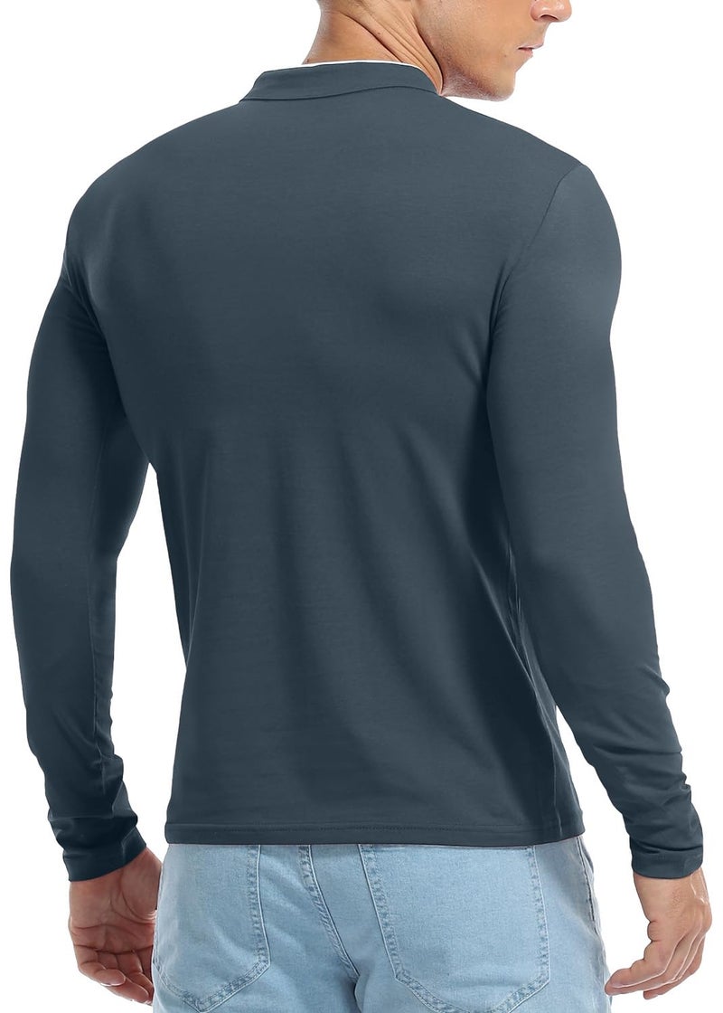 KUYIGO Men's Casual Slim Fit Shirts Long Sleeve Classic Fashion Polo Shirt Cotton Tops Indigo 2X-Large - Image 5