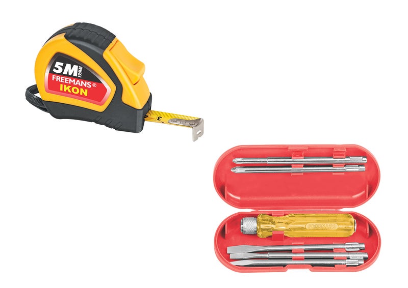 FREEMANS Ikon 5m:19mm Auto-lock Measuring Tape + TK05 Magnetic Screw Driver Tool Kit (5pcs) for home/multipurpose use - Image 1