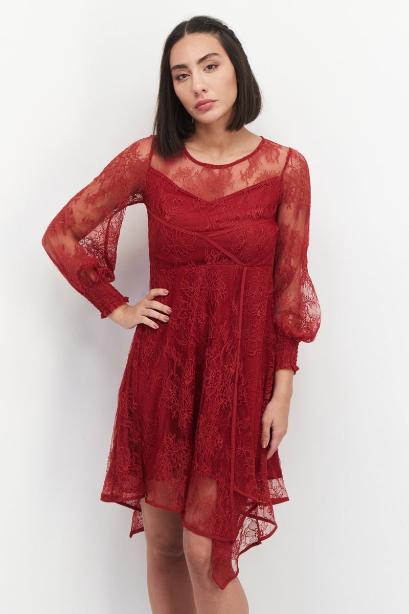 VERO MODA فستان ميدي مزخرف للنساء، مارون - Image 1