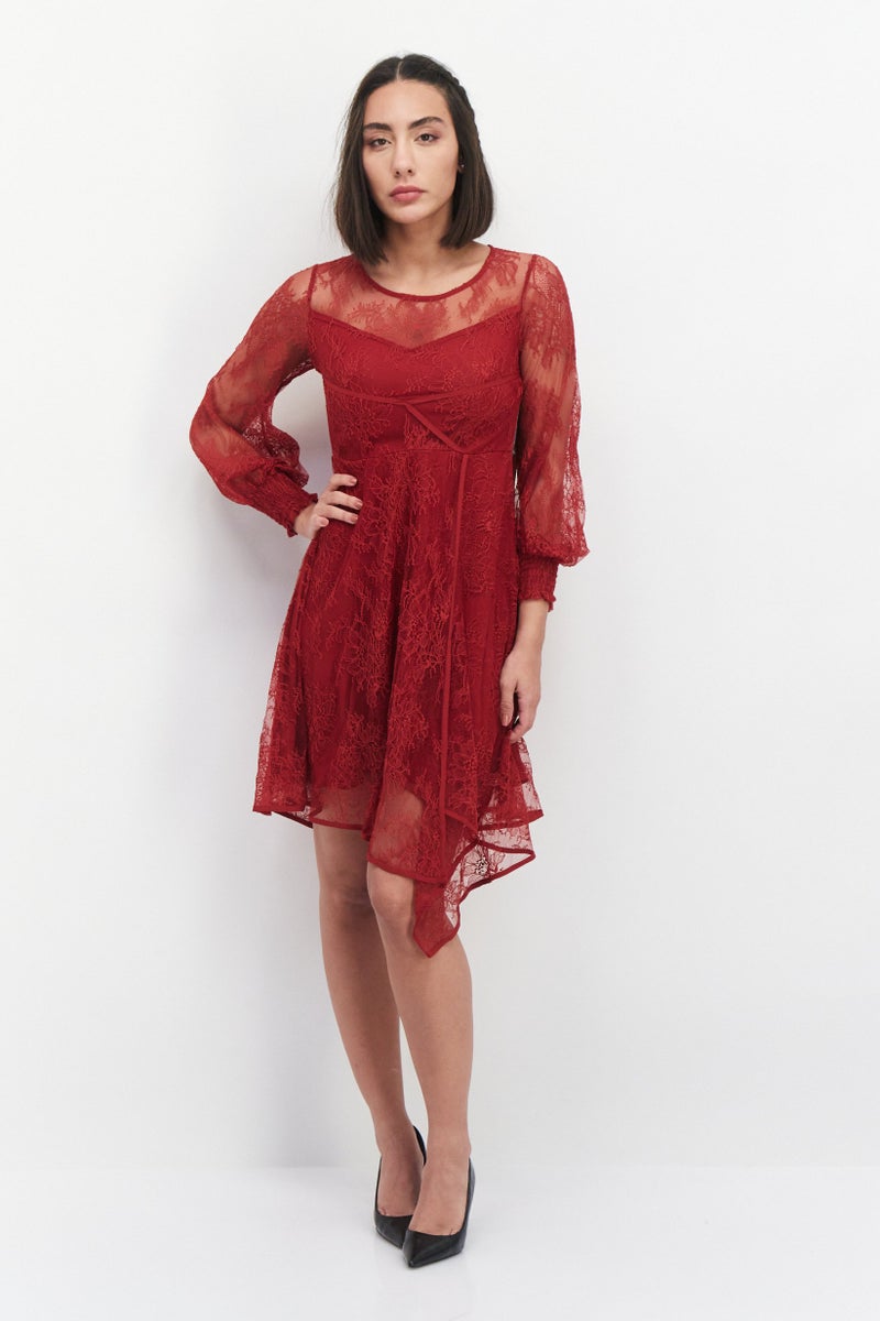 VERO MODA فستان ميدي مزخرف للنساء، مارون - Image 2