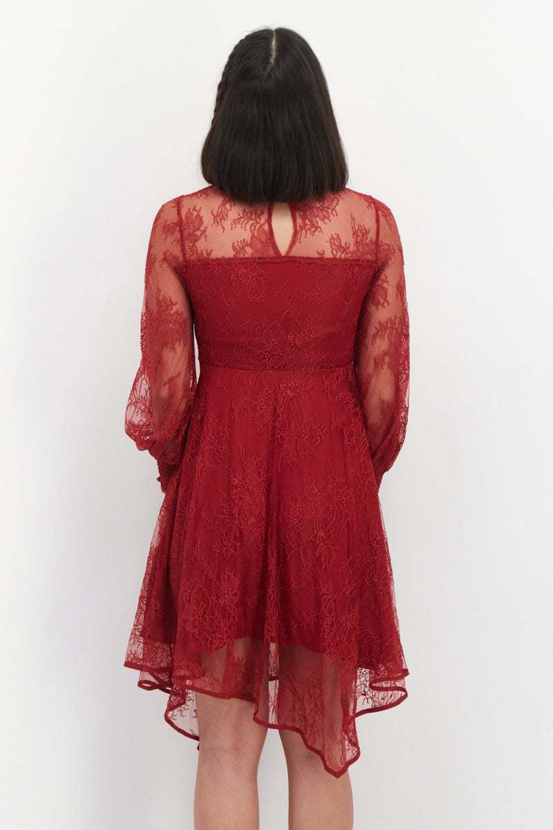 VERO MODA فستان ميدي مزخرف للنساء، مارون - Image 4