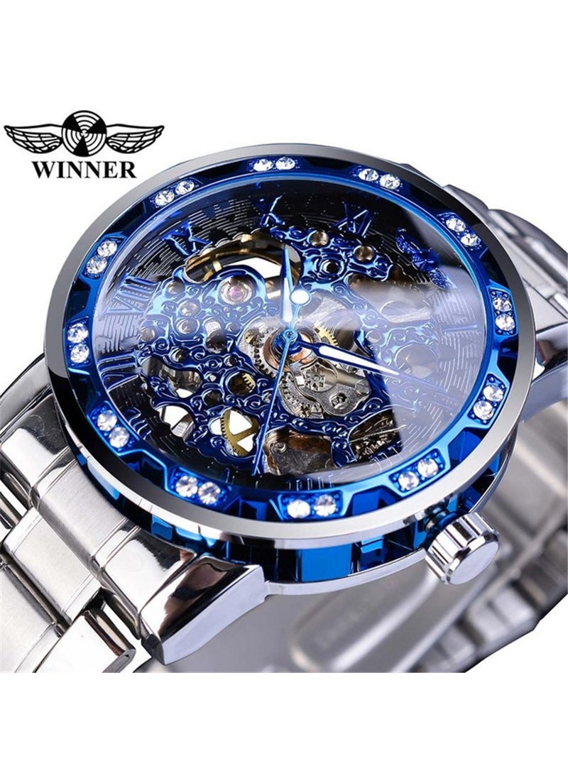 Generic Winner Mens Fashion Casual Skeleton Mechanical Watch Silver steel blue surface basket ring 