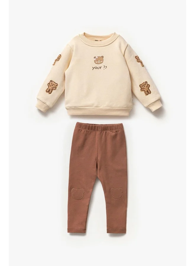 Magu Girls' Teddy Bear Appliqué Cotton Sweatshirt and flare-Style Leggings Set
