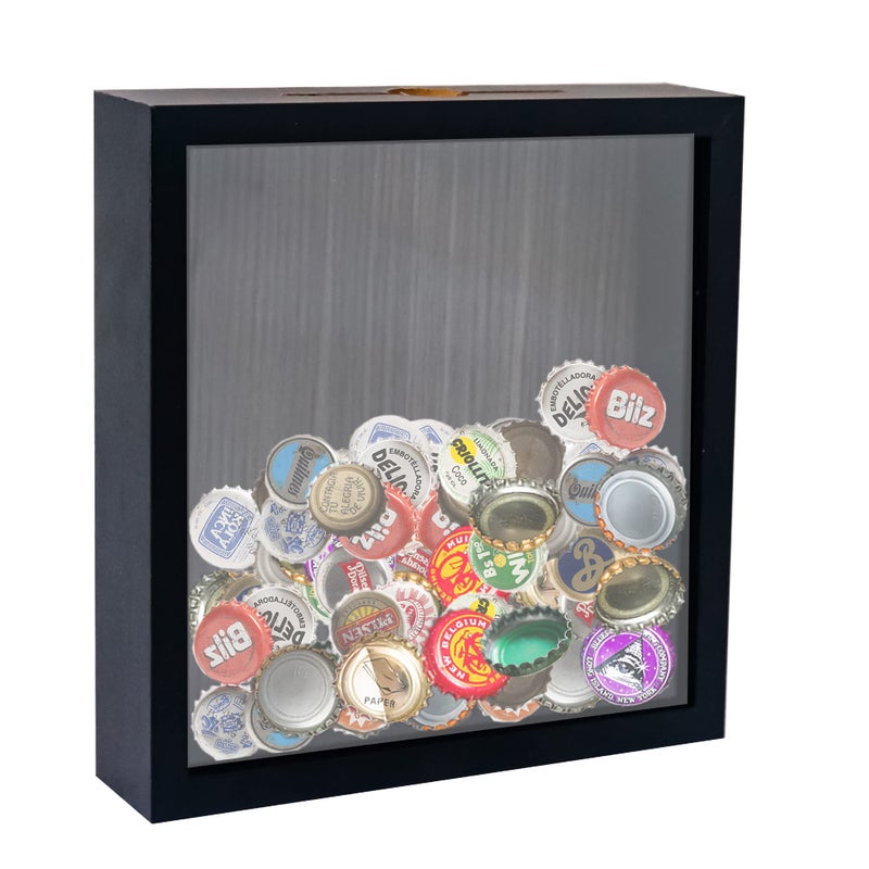 GraduationMall 8x8 Top Loading Shadow Box Frame with HD Glass Wood Display Case with Slot 1.25 inches Interior Depth Ideal for Wine Bottle Caps Tickets Shells Stamps and More Black - Image 1