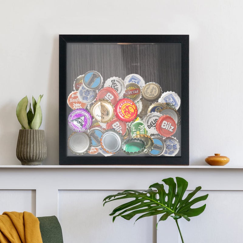 GraduationMall 8x8 Top Loading Shadow Box Frame with HD Glass Wood Display Case with Slot 1.25 inches Interior Depth Ideal for Wine Bottle Caps Tickets Shells Stamps and More Black - Image 2