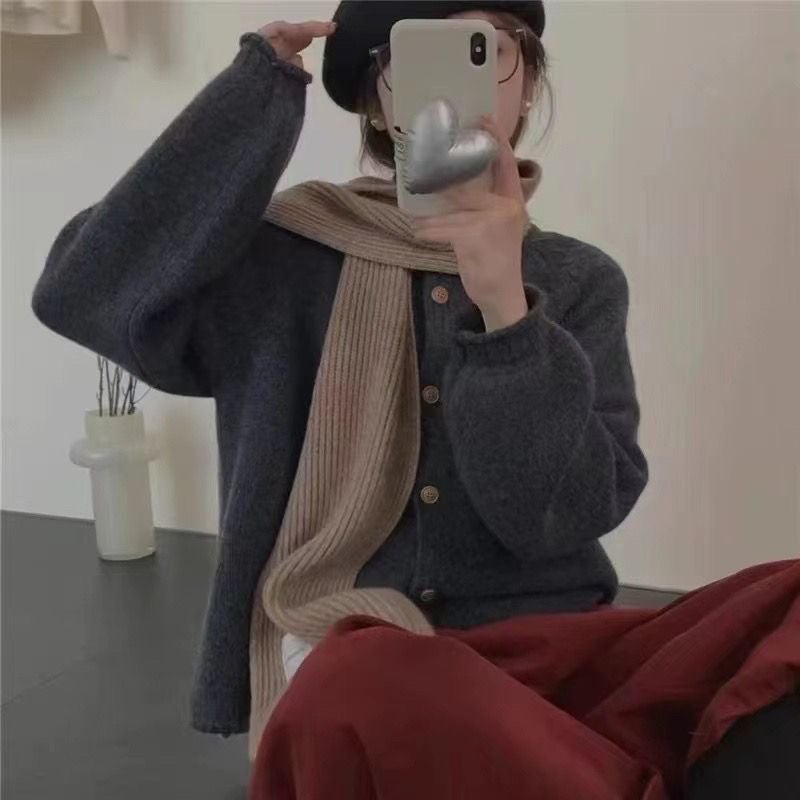 New Single-Breasted Curl Solid Color Labeling Knitted Cardigan Loose Round Neck Korean-Style Slim Internet Red Sweater Jacket - Image 1