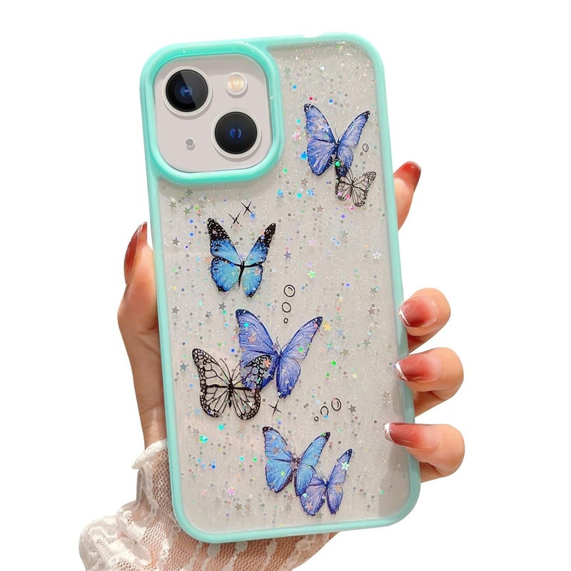 VONZEE for iPhone 15 Clear Glitter Butterfly Case, Cute Bling Sparkle Shiny Soft TPU Bumper Shockproof Women Girls Slim Protective Phone Cover for iPhone 15 6.1",Mint Green - Image 1