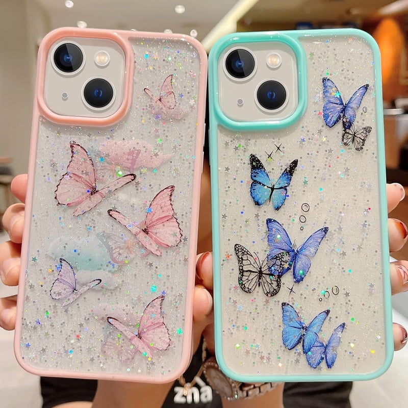 VONZEE for iPhone 15 Clear Glitter Butterfly Case, Cute Bling Sparkle Shiny Soft TPU Bumper Shockproof Women Girls Slim Protective Phone Cover for iPhone 15 6.1",Mint Green - Image 5