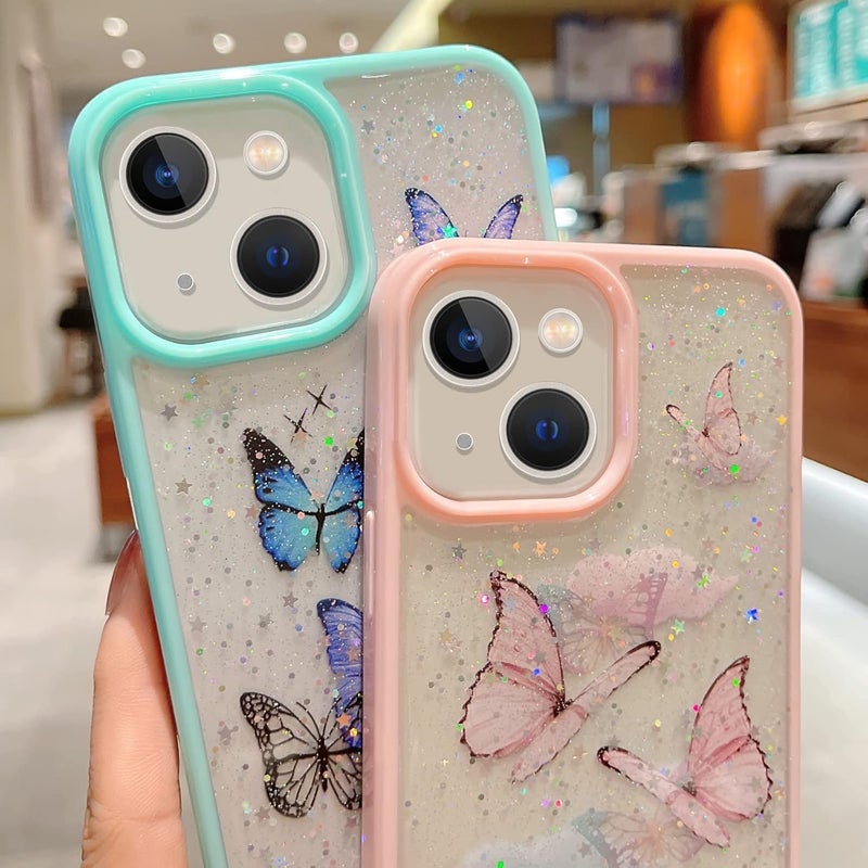 VONZEE for iPhone 15 Clear Glitter Butterfly Case, Cute Bling Sparkle Shiny Soft TPU Bumper Shockproof Women Girls Slim Protective Phone Cover for iPhone 15 6.1",Mint Green - Image 3