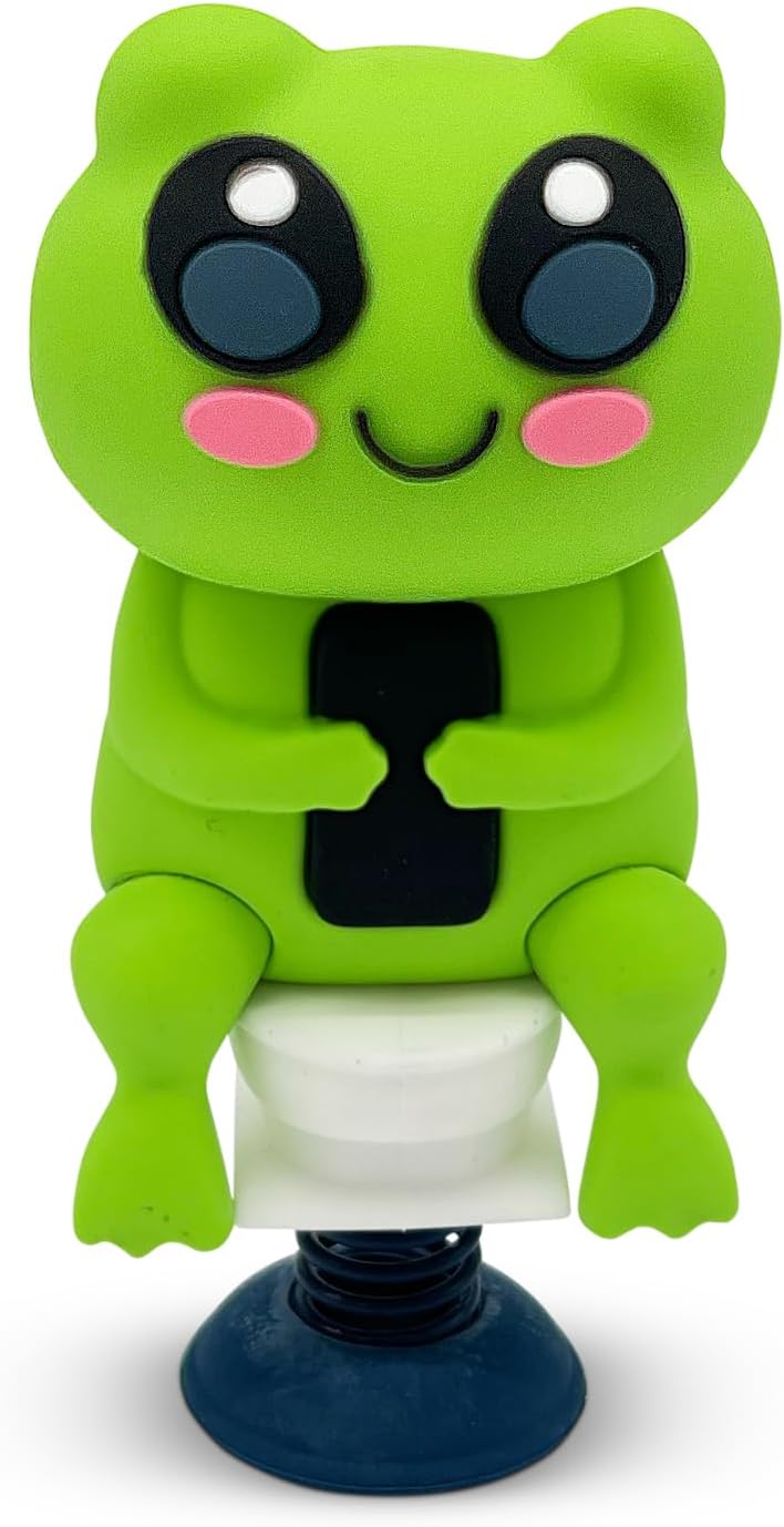 GOOFBALLS Frog on Toilet Dashboard Dancer – Hilarious Bobblehead Frog Scrolling on Phone – Funny Car Dashboard Toy – Soft Plastic with Adhesive Pad – Quirky Gag Gift for Drivers, & Office Desks - Image 1