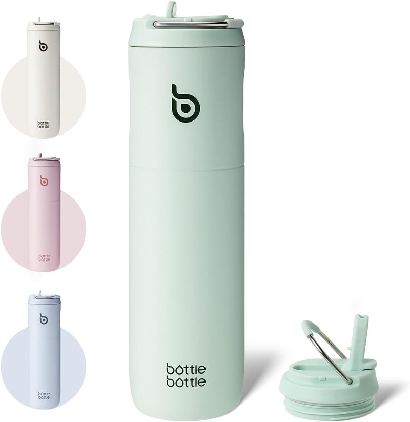 bottle bottle زجاجة ماء معزولة من الفولاذ المقاوم للصدأ بسعة 24 أونصة. تشمل قشة، غطاء ومقبض للرياضة، السفر والصالة الرياضية. تحافظ على السوائل الباردة لمدة 24 ساعة وحتى 12 ساعة ساخنة. جدار مزدوج فراغ معدني، مقاوم للتسرب، خالي من BPA - أخضر فاتح - Image 1