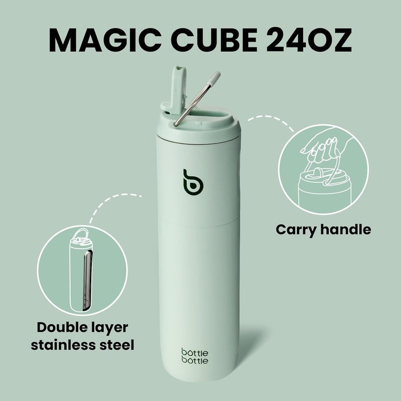 bottle bottle زجاجة ماء معزولة من الفولاذ المقاوم للصدأ بسعة 24 أونصة. تشمل قشة، غطاء ومقبض للرياضة، السفر والصالة الرياضية. تحافظ على السوائل الباردة لمدة 24 ساعة وحتى 12 ساعة ساخنة. جدار مزدوج فراغ معدني، مقاوم للتسرب، خالي من BPA - أخضر فاتح - Image 2