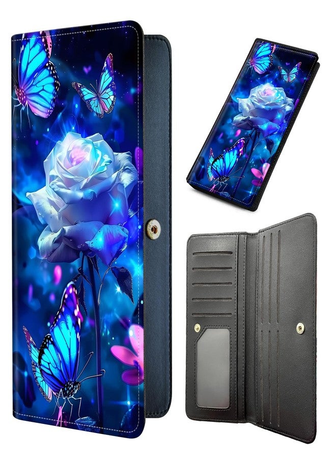 Tudguiloae Long Women Wallet, Ultra Slim Thin Wallet for Women, PU Leather RFID Blocking Credit Card Holder, Multi-Card Slots Business Travel Bifold Clutch Ladies Billfold, Purple Roses Butterflies - Image 1