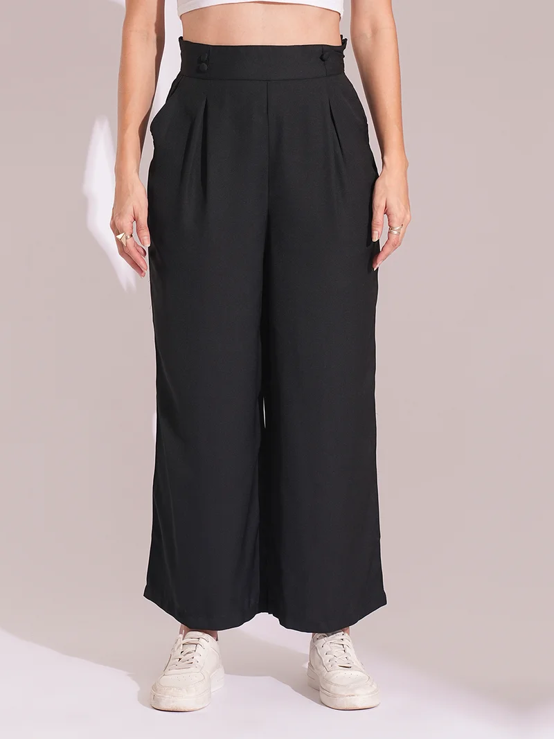 جلو باص بنطلون نسائي واسع الساق بخصر مكشكش وكسرات خلفية من جلوبس