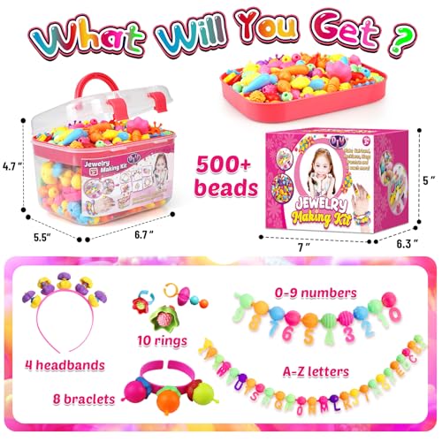 FUNZBO 520+ Snap Pop Beads - Jewelry Making Kit for Kids, Arts and Crafts for Kids Ages 4-8, Toys for 3 4 5 6 Years Old Girls Christmas Birthday Gifts Ideas, Bracelet Necklace Ring Snap Set for Girls - Image 2