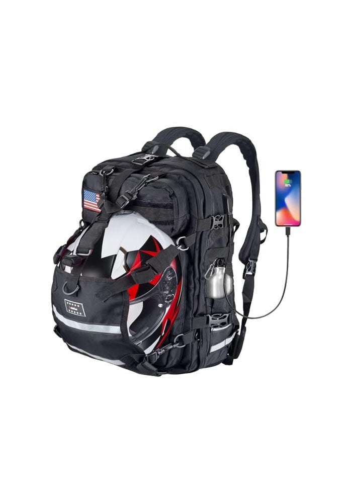 Sresk Motorcycle Backpack, Motorcycle Helmet Backpack for Men, Large Capacity Molle Backpack with USB Charge Port Water Resistant Hiking Backpack Cycling Helmet Carrier Helmet Storage Bag