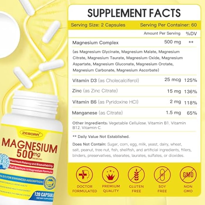 ZEBORA 10-in-1 Magnesium Complex Supplement, Magnesium Glycinate 500mg with Citrate & Malate, Chelated High Absorption Plus Vitamin D3 & Zinc - for Nerve, Muscle & Bone Support - 120 Capsules - Image 4