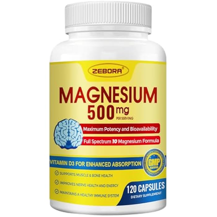 ZEBORA 10-in-1 Magnesium Complex Supplement, Magnesium Glycinate 500mg with Citrate & Malate, Chelated High Absorption Plus Vitamin D3 & Zinc - for Nerve, Muscle & Bone Support - 120 Capsules - Image 1