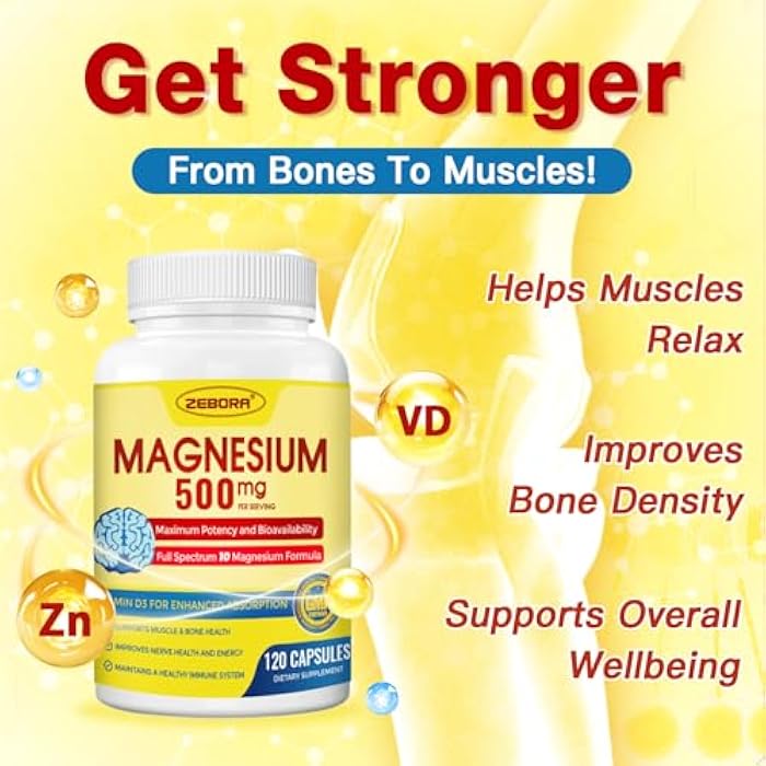 ZEBORA 10-in-1 Magnesium Complex Supplement, Magnesium Glycinate 500mg with Citrate & Malate, Chelated High Absorption Plus Vitamin D3 & Zinc - for Nerve, Muscle & Bone Support - 120 Capsules - Image 2