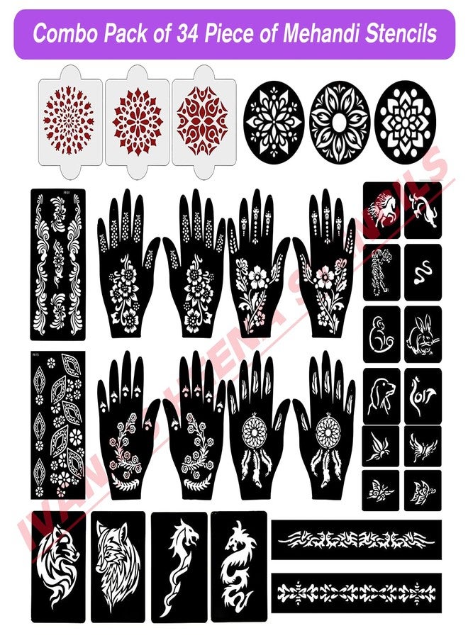 إيفاناز مجموعة إيفانا المكونة من 34 قطعة من قوالب الحناء القابلة لإعادة الاستخدام لليدين والمعصم والجسم والظهر والرقبة والوجه، عبوة كومبو من القوالب للنساء والفتيات والأطفال، سهلة الاستخدام في 4 خطوات فقط، مجموعة تصميم هندي، A2037 - Image 2