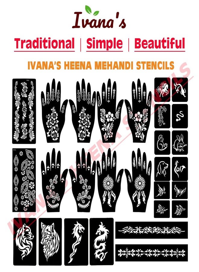 إيفاناز مجموعة إيفانا المكونة من 34 قطعة من قوالب الحناء القابلة لإعادة الاستخدام لليدين والمعصم والجسم والظهر والرقبة والوجه، عبوة كومبو من القوالب للنساء والفتيات والأطفال، سهلة الاستخدام في 4 خطوات فقط، مجموعة تصميم هندي، A2037 - Image 5